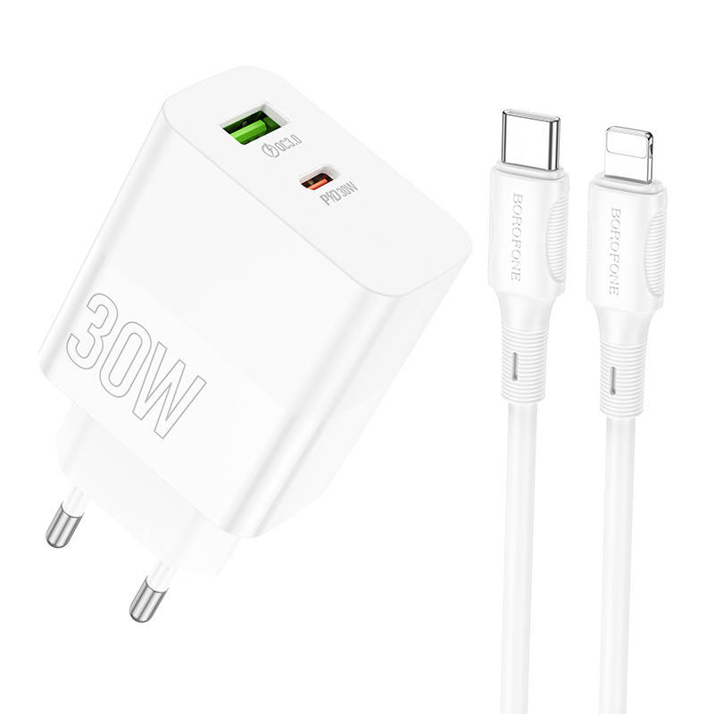 Зарядний пристрій з швидкою зарядкою + кабель Lightning BOROFONE BA75A |USB/Type-C, PD30W+QC3.0| Білий
