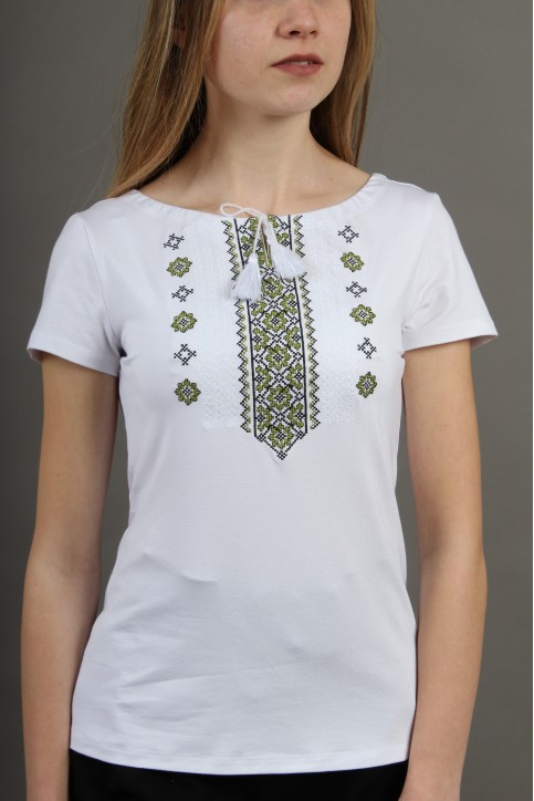 Жіноча вишита футболка вишиванка білий Орнамент з салатовою вишивкою