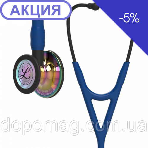 Стетоскоп Cardiology IV Littmann 6242 темно-синього кольору із дзеркальною райдужною головкою на чорній ніжці, фото 1
