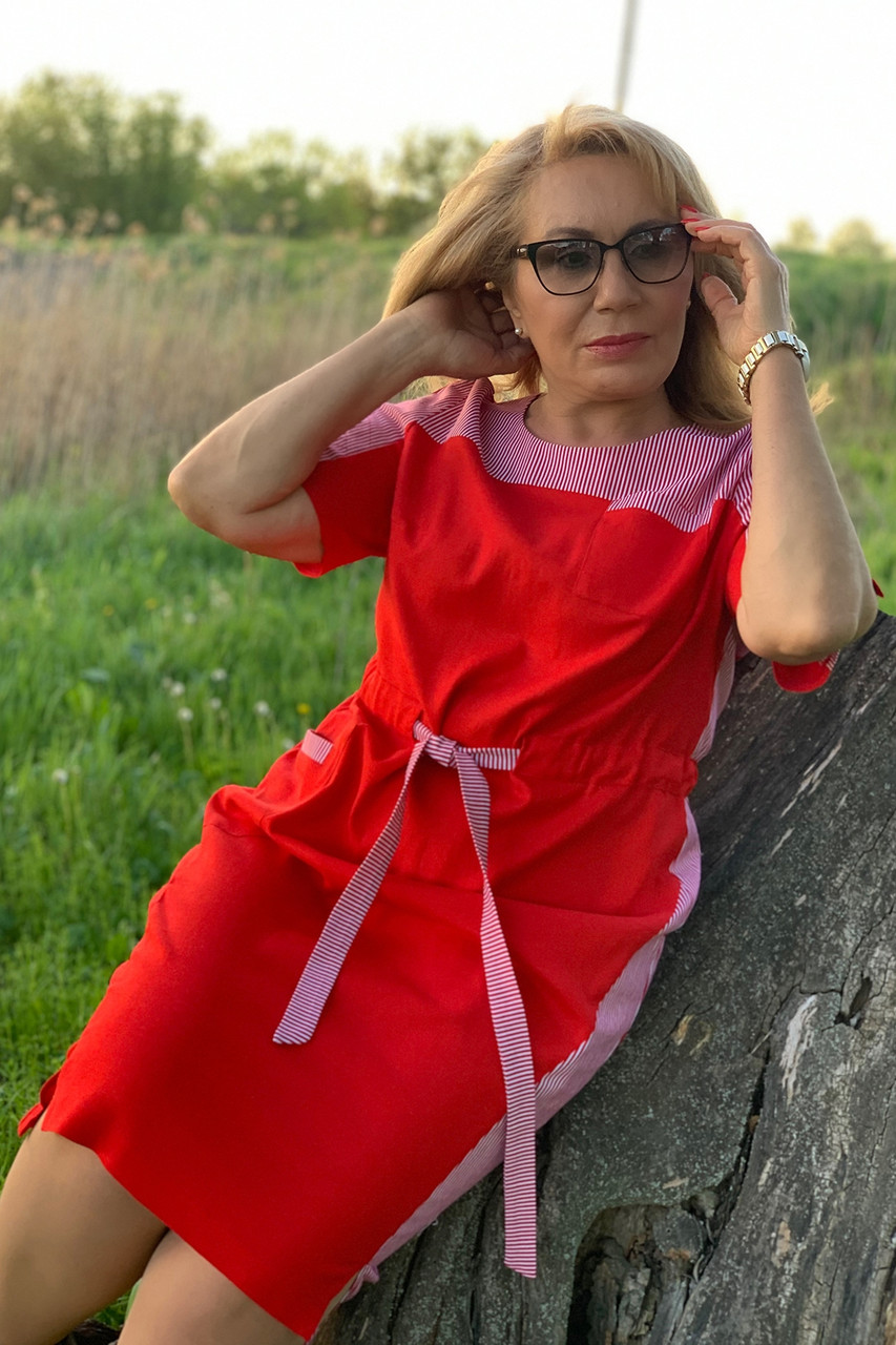 Актуальна червона літня лляна сукня великих розмірів, фото 1