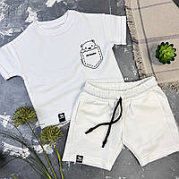 Дитячий літній костюм шорти + футболка Ведмедик у кишені  Білий/Білий