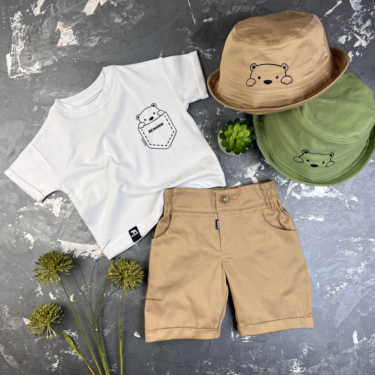 Літній костюм для хлопчика prettybear шорти + футболка + панамка дитячий  Organic Cotton Беж/Білий