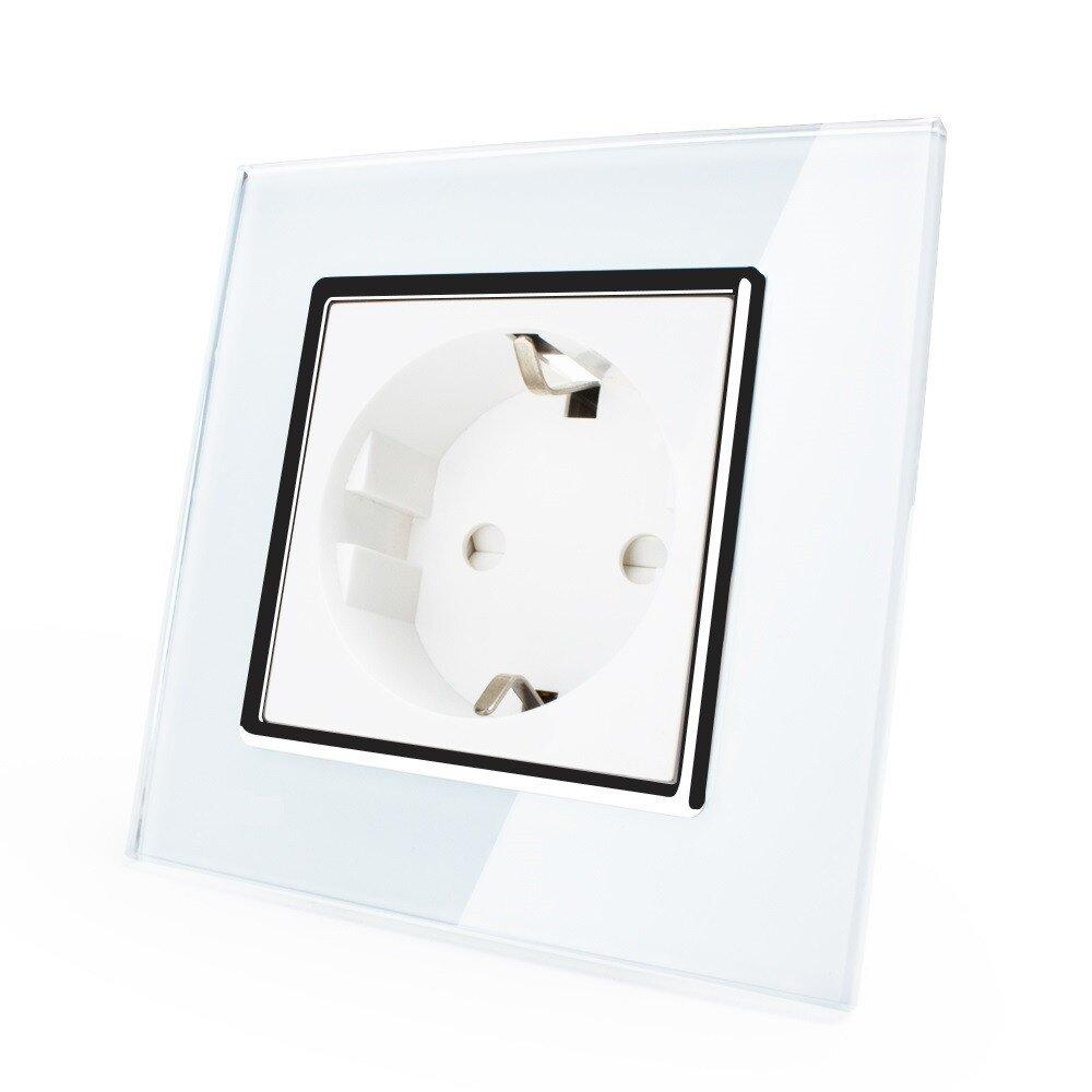 Електрична розетка з заземленням LIVOLO, біла з хромованою вставкою, скло, шторки, 250В 16А (VL-C7C1EU-11C), фото 1