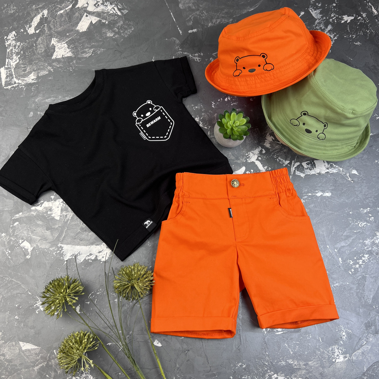 Летний костюм для мальчика prettybear шорты + футболка + панамка детский Organic Cotton Оранж/Черный - фото 2 - id-p1433614750
