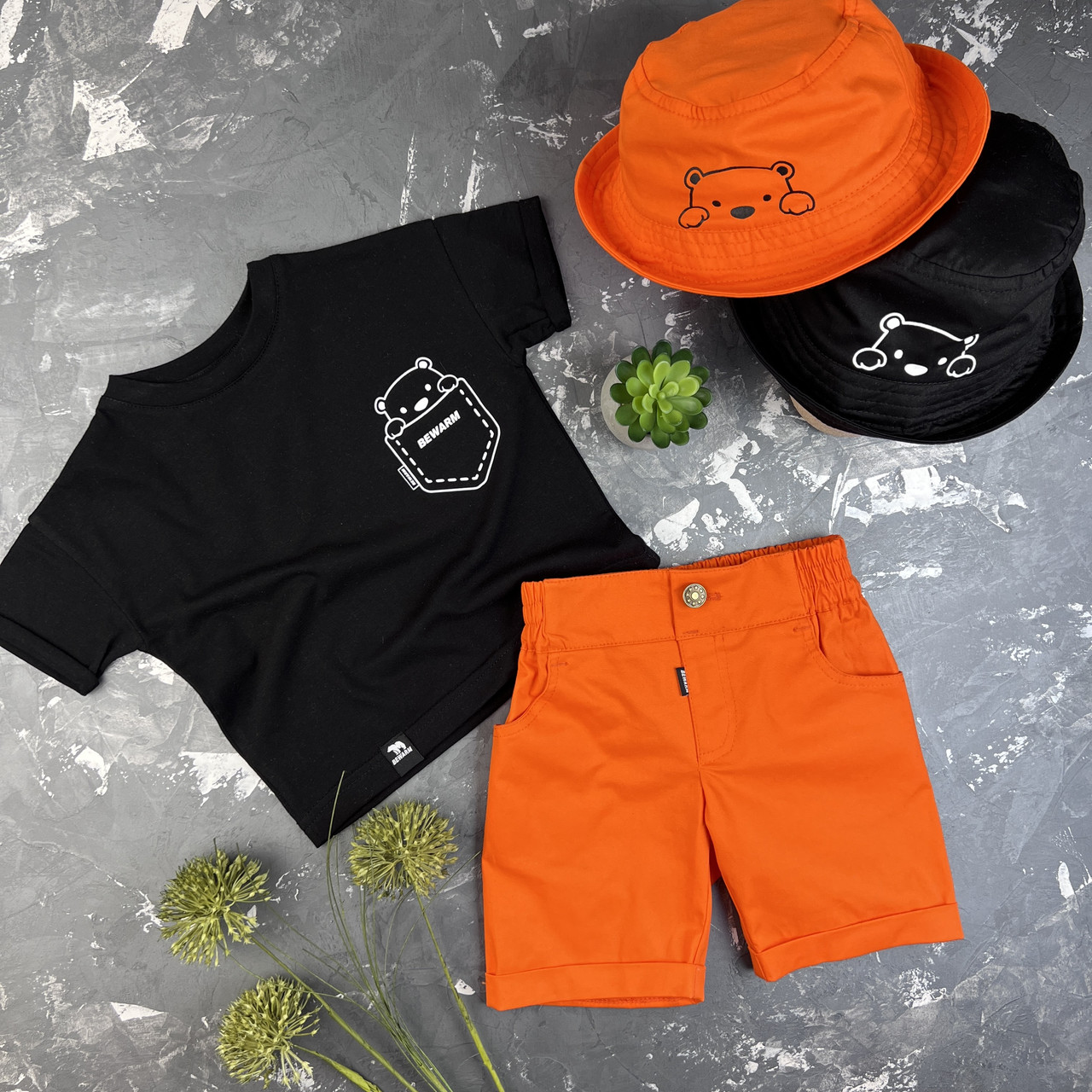 Летний костюм для мальчика prettybear шорты + футболка + панамка детский Organic Cotton Оранж/Черный - фото 1 - id-p1433614750