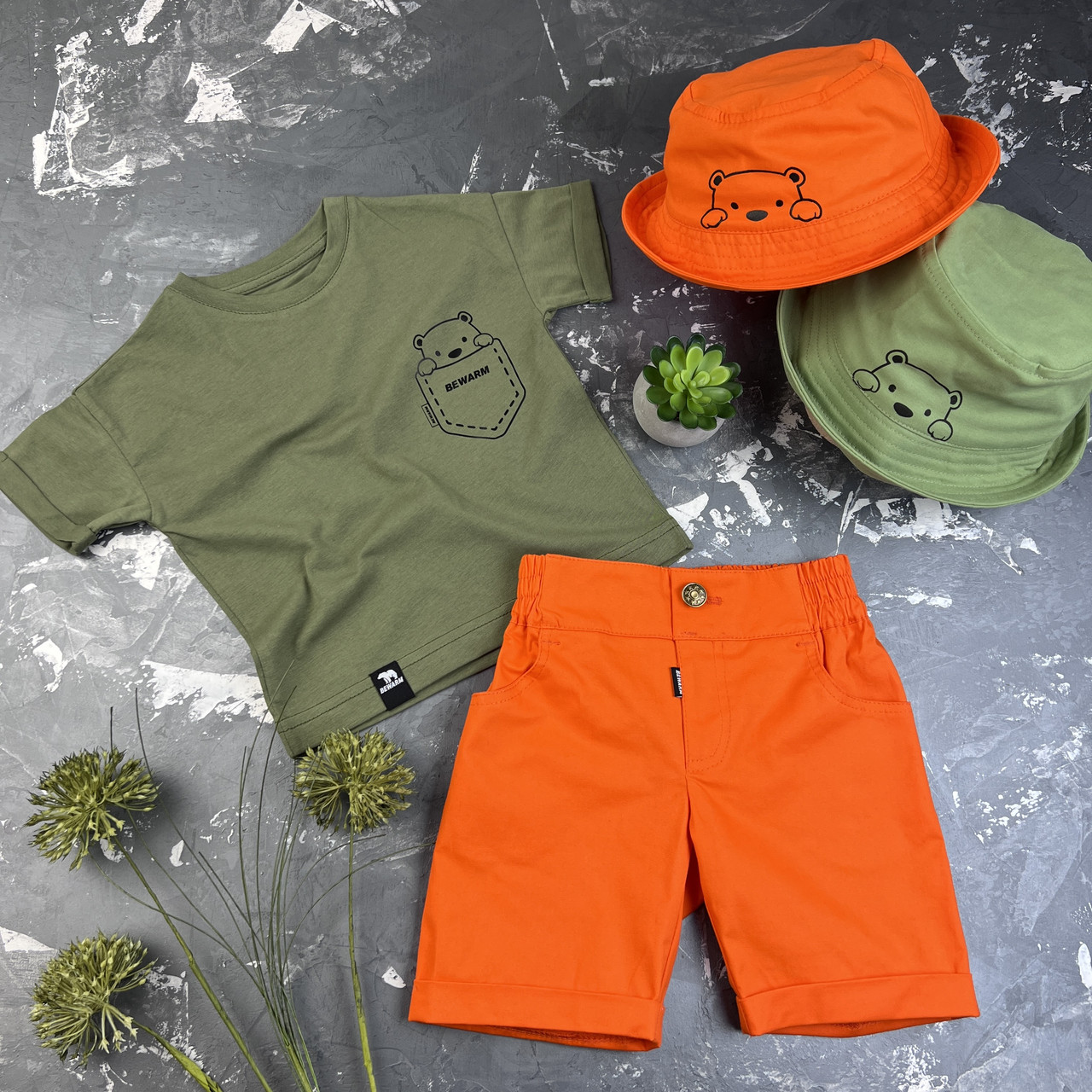Летний костюм для мальчика prettybear шорты + футболка + панамка детский Organic Cotton Оранж/Хаки - фото 1 - id-p1433614702