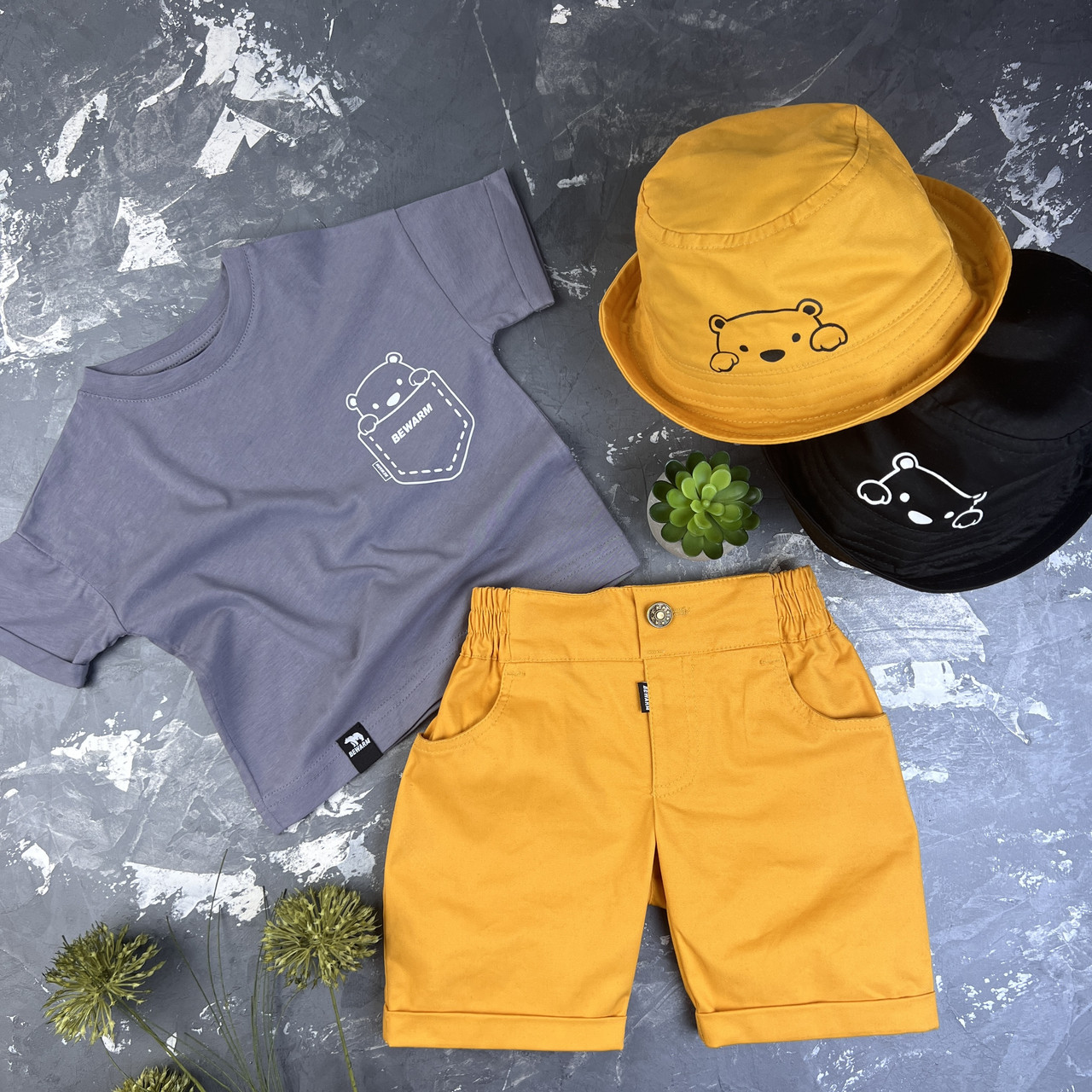Костюм prettybear шорти + футболка + панамка дитячий Гірчиця/Графіт