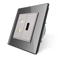Розетка універсальна з USB розеткою Livolo сірий скло (VL-C7C1AUSB-15)