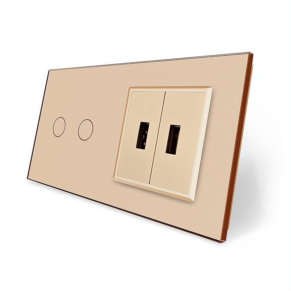 Сенсорний вимикач 2 сенсори 2 USB Livolo золотое скло (VL-C702/2USB-13)
