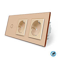 Безконтактний вимикач 1 сенсор 2 розетки Livolo золото скло (VL-C701/C7C2EU-PRO-13)