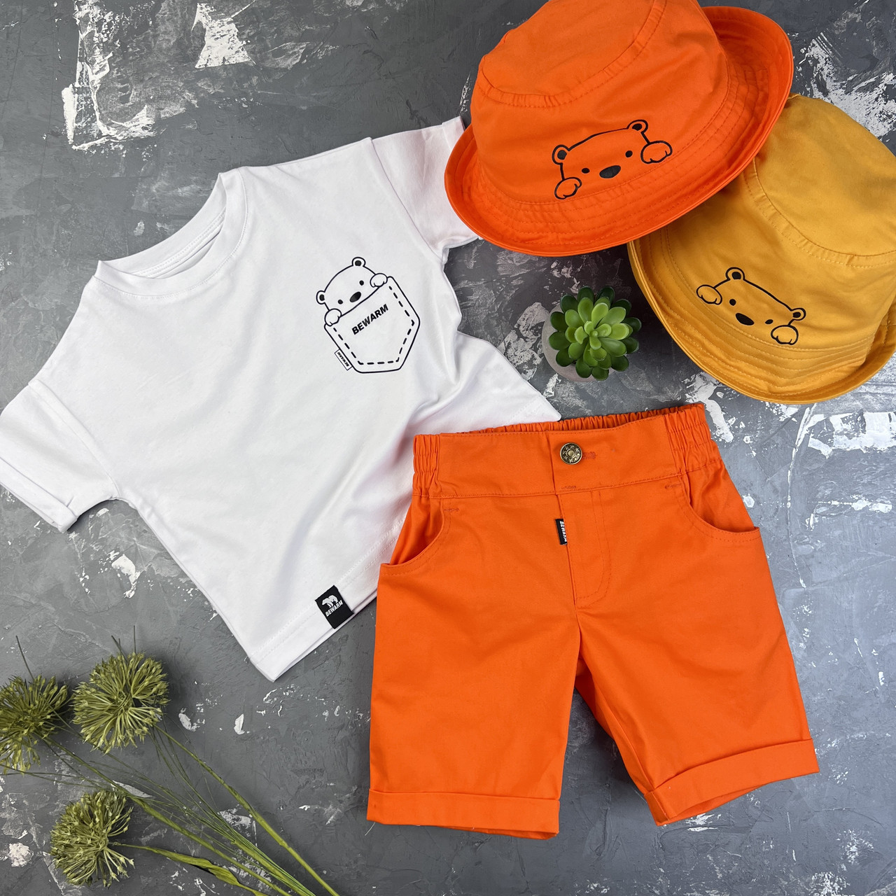 Летний костюм для мальчика prettybear шорты + футболка + панамка детский Organic Cotton Оранж/Белый - фото 5 - id-p1433614654