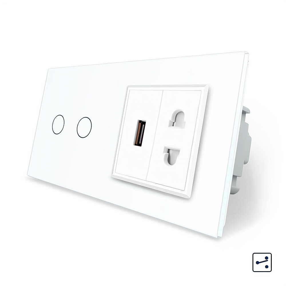 Сенсорний прохідний/перехресний вимикач 2 сенсора 1 розетка 1 USB Livolo білий скло (VL-C702S/C7USBC1A-11), фото 1