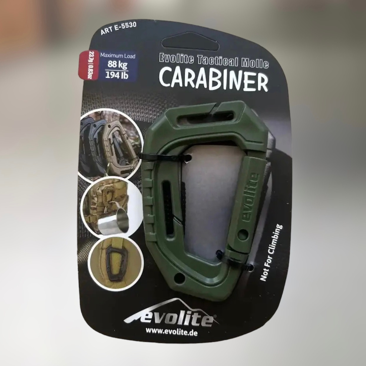 Карабін пластиковий 88 кг, Evolite Tactical Molle Carabiner, Олива, карабін тактичний