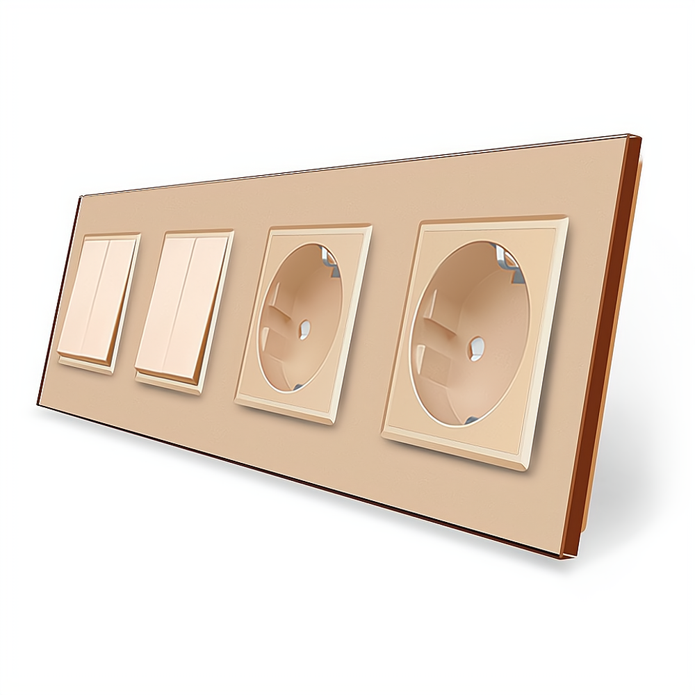 Комплект двоклавішних вимикачів з подвійною розеткою Livolo золотое скло (VL-C7K2/K2/FCTC16A/FCTC16A-8AP), фото 1