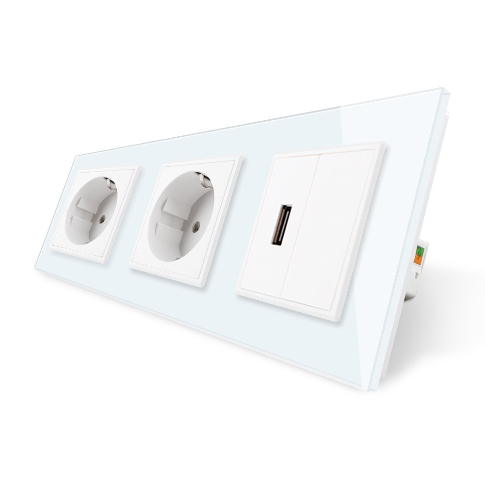 Розетка тримісна силова із заземленням і USB Livolo білий скло (VL-C7C2EU1USB0-11), фото 1