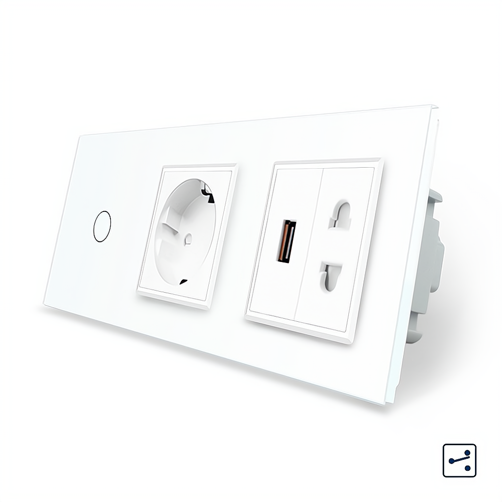 Сенсорний прохідний/перехресний вимикач 1 сенсор 1 розетка 1 USB 1 розетка універсальна Livolo білий скло (VL-C701SC1EU1USBC1A-11), фото 1
