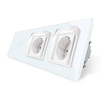 Сенсорний вимикач + подвійна розетка вологозахисна з кришкою IP44, з заземленням, біла скляна рамка, шторки, LIVOLO