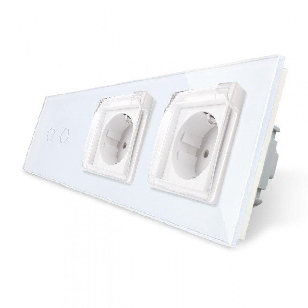 Сенсорний вимикач на 2 сенсори + подвійна розетка вологозахисна з кришкою IP44, з заземленням, біла скляна рамка, шторки, LIVOLO, фото 1