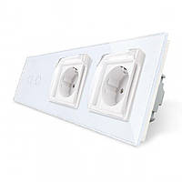 Сенсорний вимикач на 2 сенсори + подвійна розетка вологозахисна з кришкою IP44, з заземленням, біла скляна рамка, шторки, LIVOLO