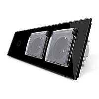 Сенсорний вимикач + подвійна розетка вологозахисна з кришкою IP44, з заземленням, біла скляна рамка, шторки, LIVOLO Чорний
