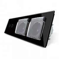 Сенсорний вимикач на 2 сенсори + подвійна розетка вологозахисна з кришкою IP44, з заземленням, біла скляна рамка, шторки, LIVOLO Чорний