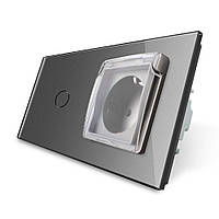 Сенсорний вимикач + розетка вологозахисна з кришкою IP44, з заземленням, біла скляна рамка, шторки, LIVOLO (VL-C701/C7C1EUWF-11) Сірий