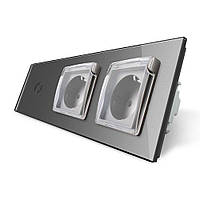 Сенсорний вимикач + подвійна розетка вологозахисна з кришкою IP44, з заземленням, біла скляна рамка, шторки, LIVOLO Сірий