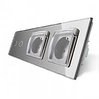 Сенсорний вимикач на 2 сенсори + подвійна розетка вологозахисна з кришкою IP44, з заземленням, біла скляна рамка, шторки, LIVOLO Сірий