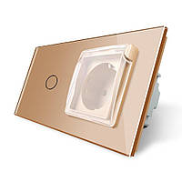 Сенсорний вимикач + розетка вологозахисна з кришкою IP44, з заземленням, біла скляна рамка, шторки, LIVOLO (VL-C701/C7C1EUWF-11) Золотий