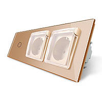 Сенсорний вимикач + подвійна розетка вологозахисна з кришкою IP44, з заземленням, біла скляна рамка, шторки, LIVOLO Золотий
