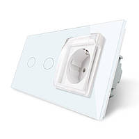 Сенсорний вимикач + подвійна розетка вологозахисна з кришкою IP44, з заземленням, біла скляна рамка, шторки, LIVOLO