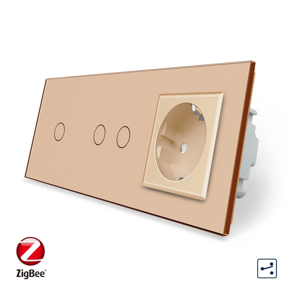 Розумний сенсорний прохідний вимикач 3 сенсори (1-2) 1 розетка Livolo золотого скла, фото 1