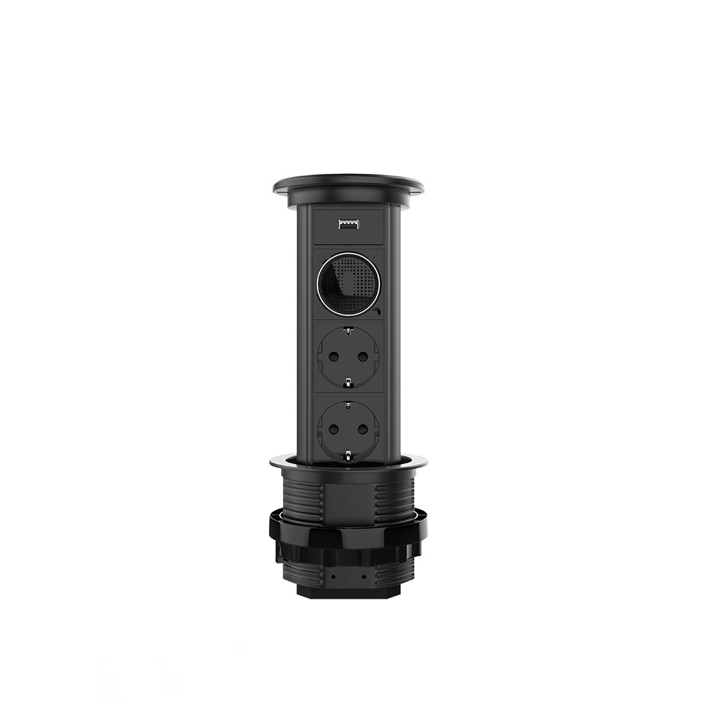 Висувна розетка на дві розетки, USB, Bluetooth колонка Livolo чорний (VL-SHS021-FCTC-FCF-B)
