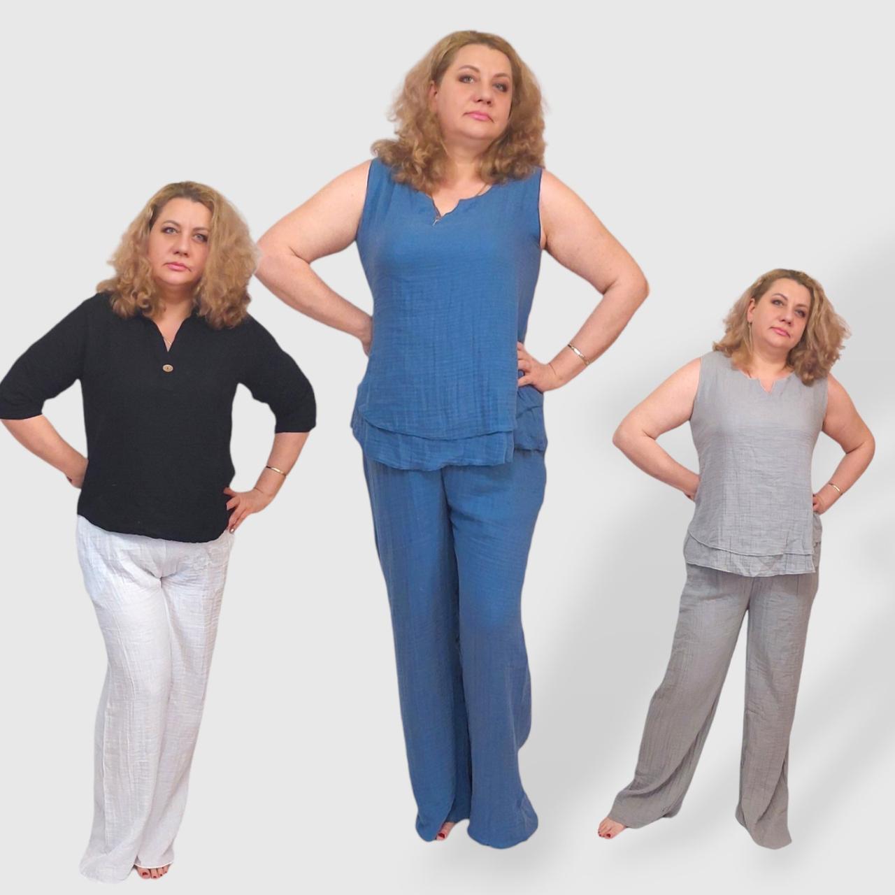 Жіночі літні штани жатка палаццо з мусліну, великого розміру. 56-60 бавовна, білі, сині, сірі, Туреччина