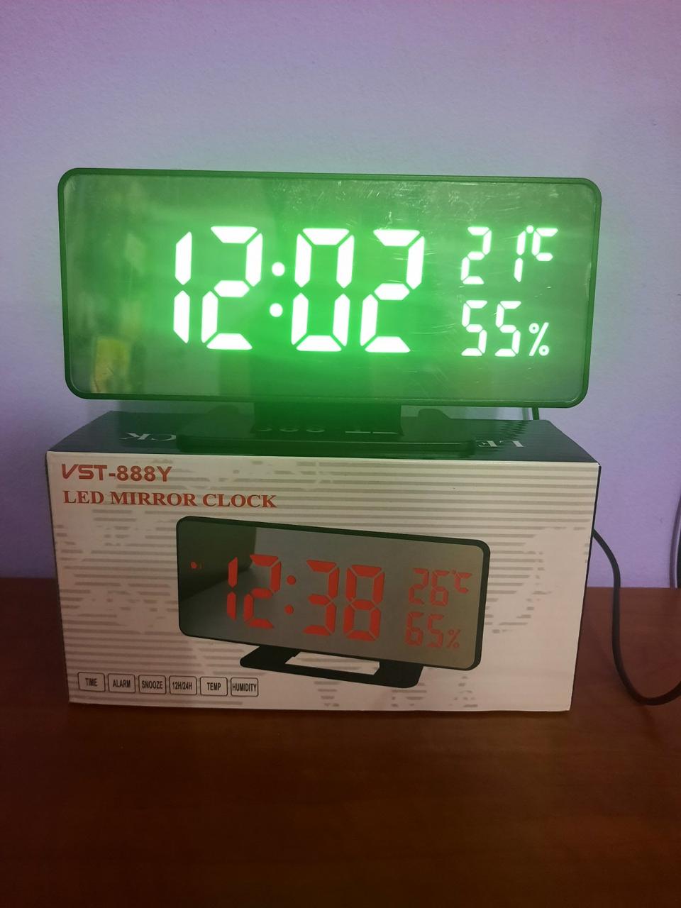 Годинник мережеві настільні + будильник + термометр + гігрометр VST-888Y USB DC5V, дзеркальні, зелені цифри