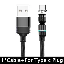 Магнітний кабель USB Type-C для зарядки 360°+180° Чорний, 1 метр, 2.4A