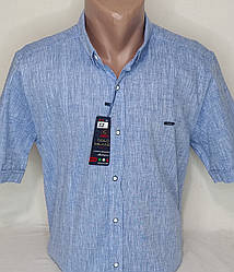 Стильна чоловіча теніска льон Gold Milano vkl-0052 блакитна приталена, чоловіча сорочка з коротким рукавом льон