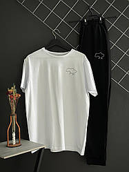 Чоловічий спортивний костюм штани чорні (двохнитка) + футболка біла, лого ката України. XL