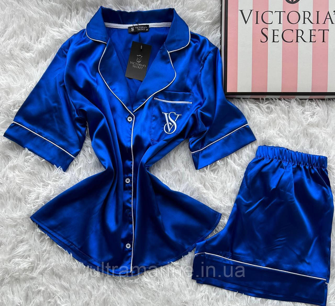 Стильна шовкова піжама з шортами Victoria's Secret синій електрик (Вікторія Сікрет)