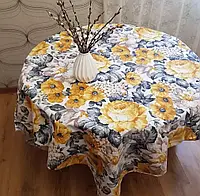 Скатерть тефлоновая круглая хлопковая крупные цветы птоны желтые серые