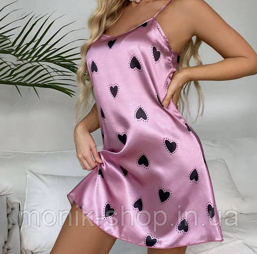 Женская ночная рубашка, Атласная ночнушка, Розовая с сердечками, Размер ...