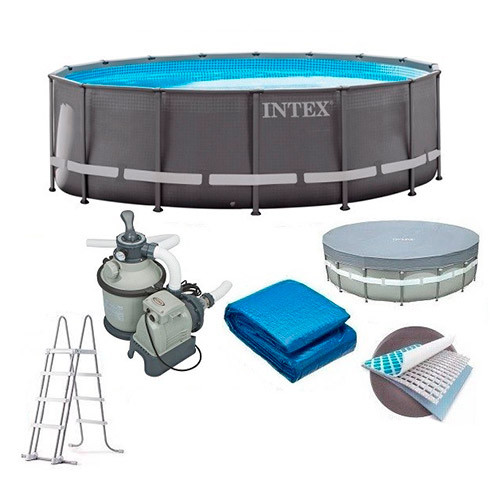 Круглий сімейний каркасний басейн з підстилкою Intex 26334 сходами і фільтром з тентом 610х122 см на 30079 л сірий