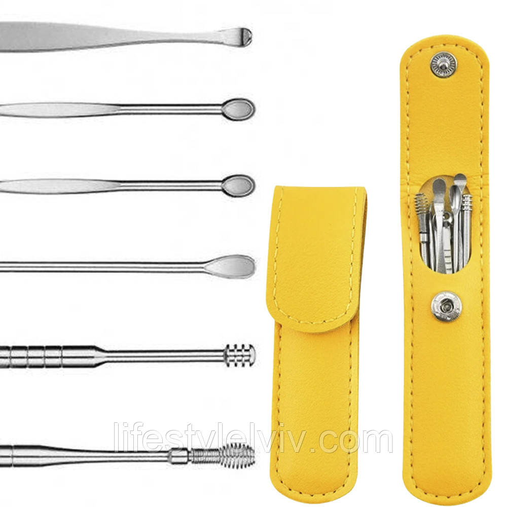 Набір інструментів для чищення вух, 6 шт у чохлі tool set, колір Рандом / Багаторазові вушні палички, фото 1