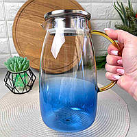 Стеклянный чайник 1,8л Синий амбре для плиты с золотистой ручкой