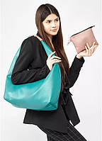 Модная большая женская сумка хобо вместительная, матовая экокожа + удобный кошелёк, цвет мурена (сине-зеленая)