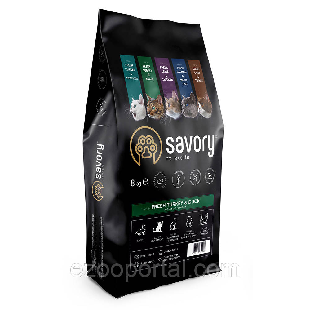 Сухий корм Savory для котів зі свіжим м’ясом індички та качкою 8кг