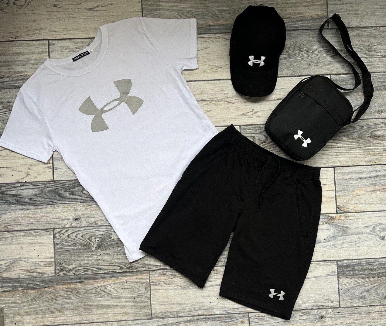 Чоловічий костюм шорти та футболка літній комплект Under Armour набір з футболка+шорти+кепка+сумка. Живе фото