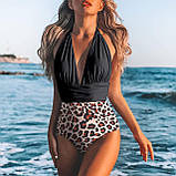 Гарний суцільний купальник низ леопардовий, верх чорного кольору, фото 4