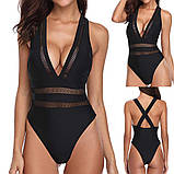 Чорний суцільний жіночий купальник чорного кольору з чашками, фото 5