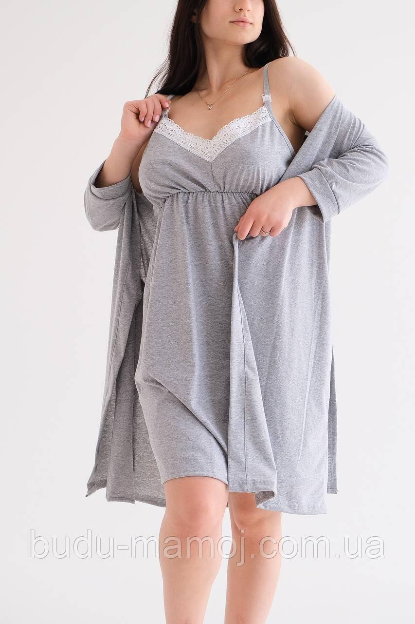 Халат і ночнушка для годування в пологовий будинок гарний набір з мереживом, фото 1